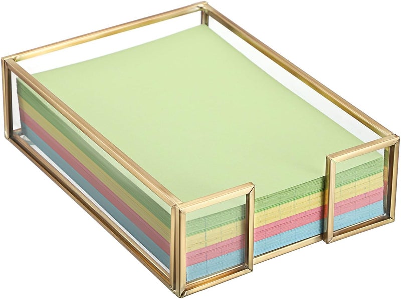 BTSKY Golden Glass Sticky Note Holder for 4x6 Inch Sticky Notes, Elegant Post It Note Dispenser with Non-Slip Pads Clear Notepad Holder for Desk Organization Planning, Home Office Decor - Image 1